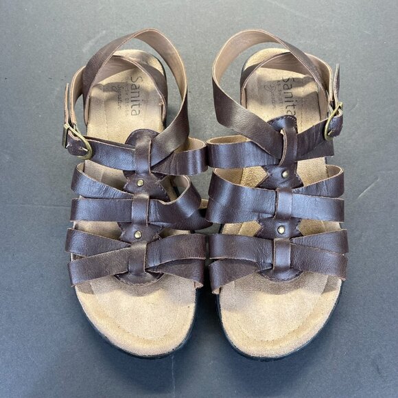 Sanita Strappy Brown Leather‎ Heeled Wedge Sandal Size 37 EUC Ankle Strap - Picture 1 of 15